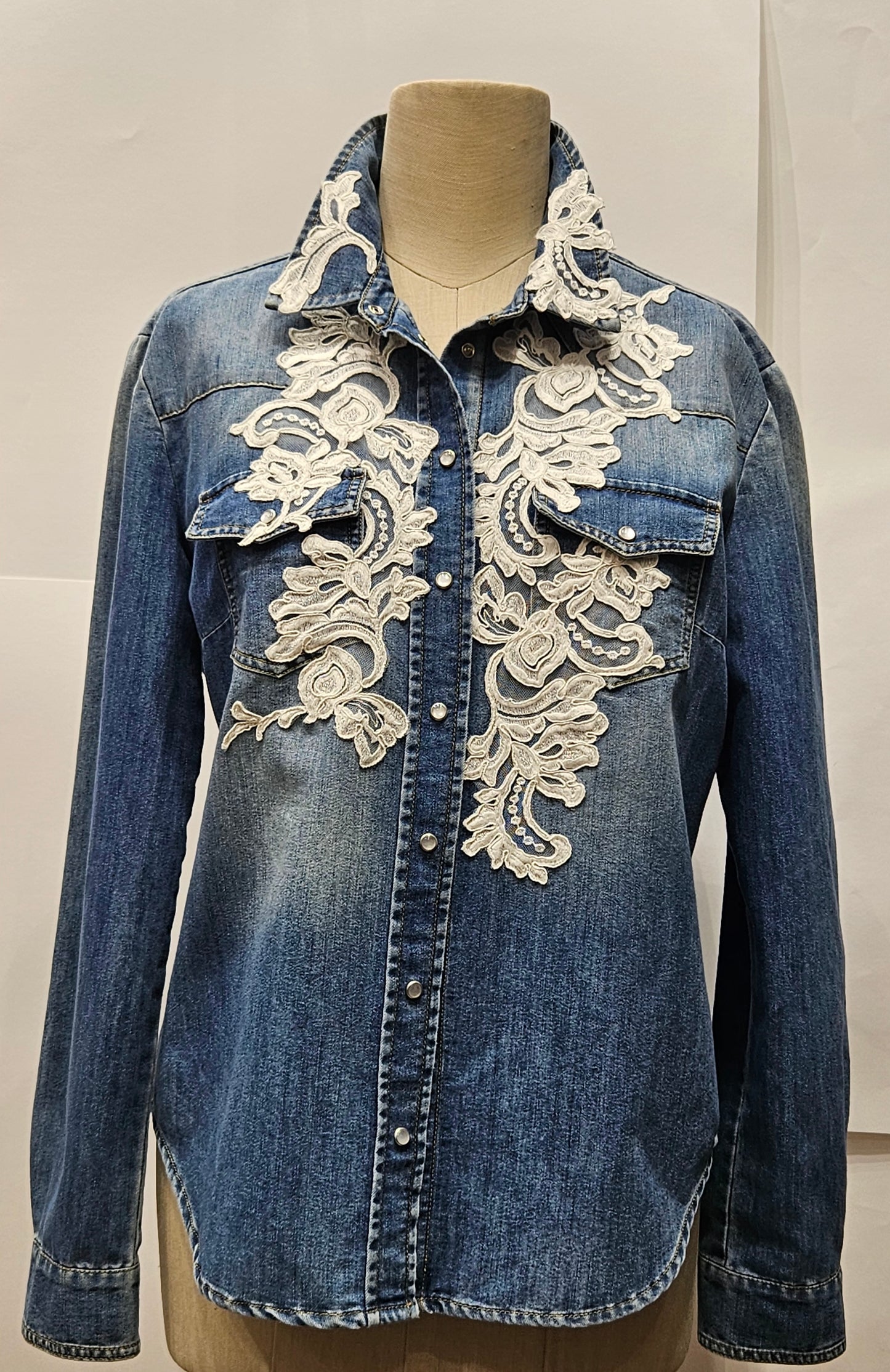 Camicia jeans Scervino F m/lunga pizzo bianco