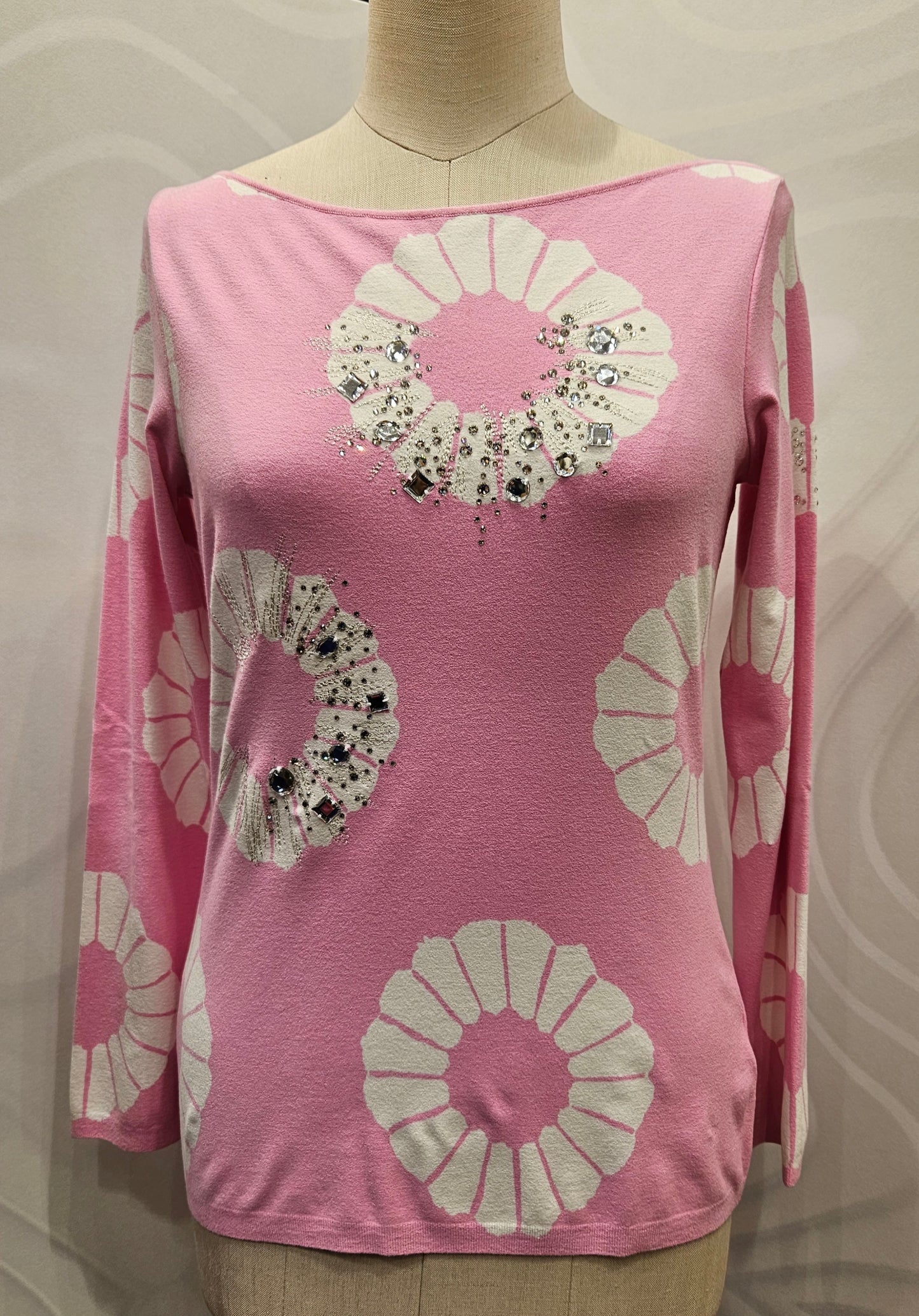 Maglia Blumarine rosa fiori e strass m/lunga