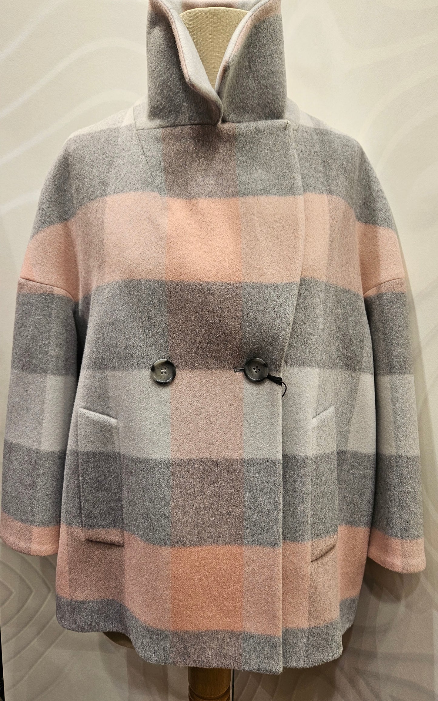 Giaccone Cinzia Rocca a quadri lana e cashmere grigio e rosa