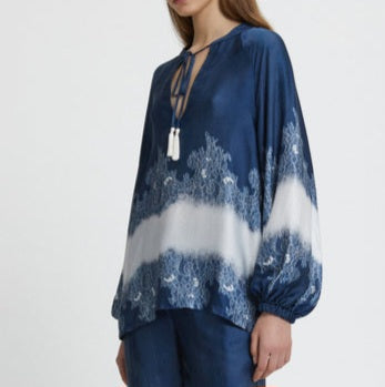 Casacca raso blu stampata pizzo scollo a V sfumata m/lunga Ermanno Firenze by Scervino