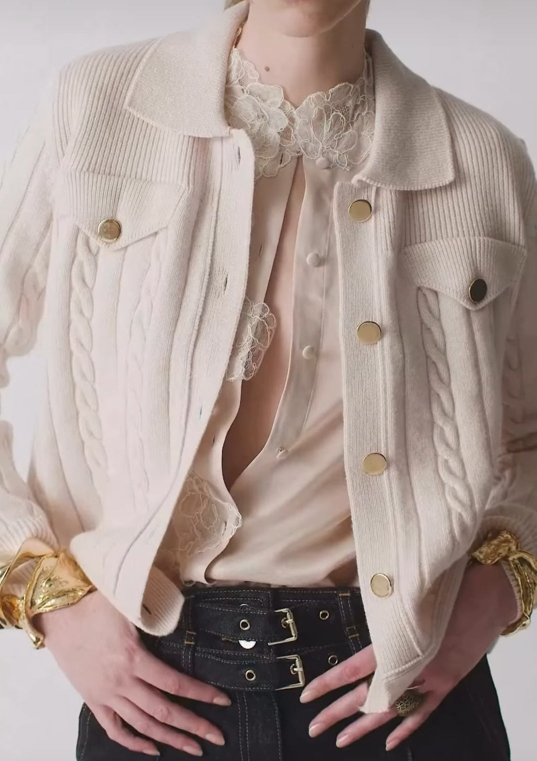 Giacca maglia lana Blugirl latte bottoni con trecce lana e cashmere