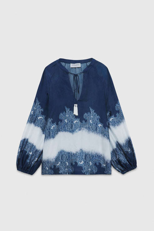 Casacca raso blu stampata pizzo scollo a V sfumata m/lunga Ermanno Firenze by Scervino