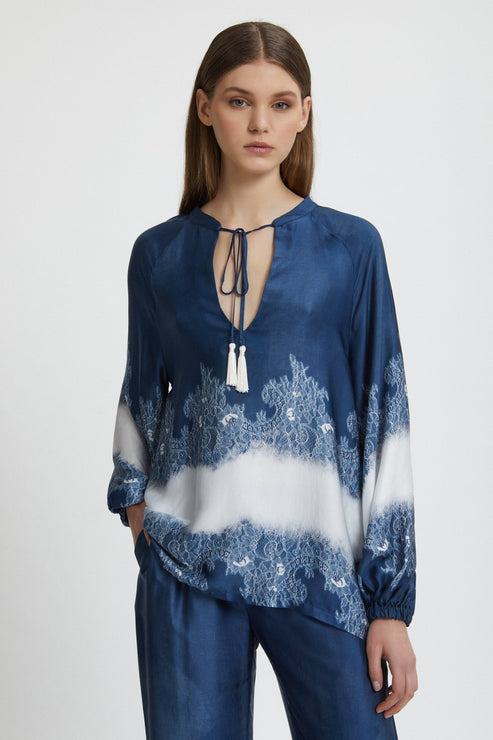 Casacca raso blu stampata pizzo scollo a V sfumata m/lunga Ermanno Firenze by Scervino