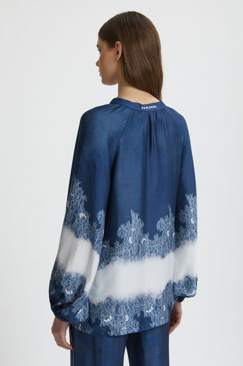 Casacca raso blu stampata pizzo scollo a V sfumata m/lunga Ermanno Firenze by Scervino