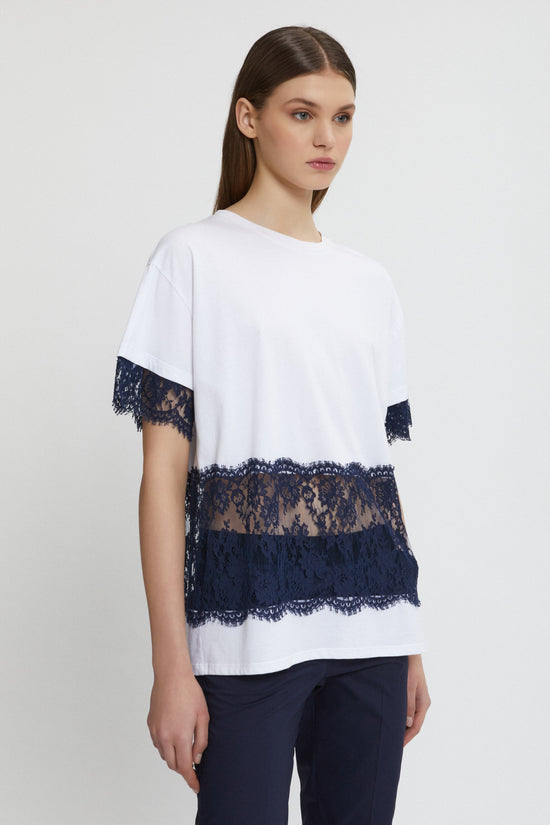 T-Shirt bianca di cotone con pizzo blu di Ermanno Firenze by Scervino
