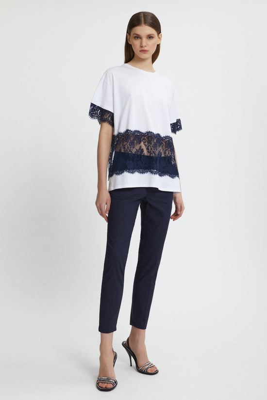 T-Shirt bianca di cotone con pizzo blu di Ermanno Firenze by Scervino