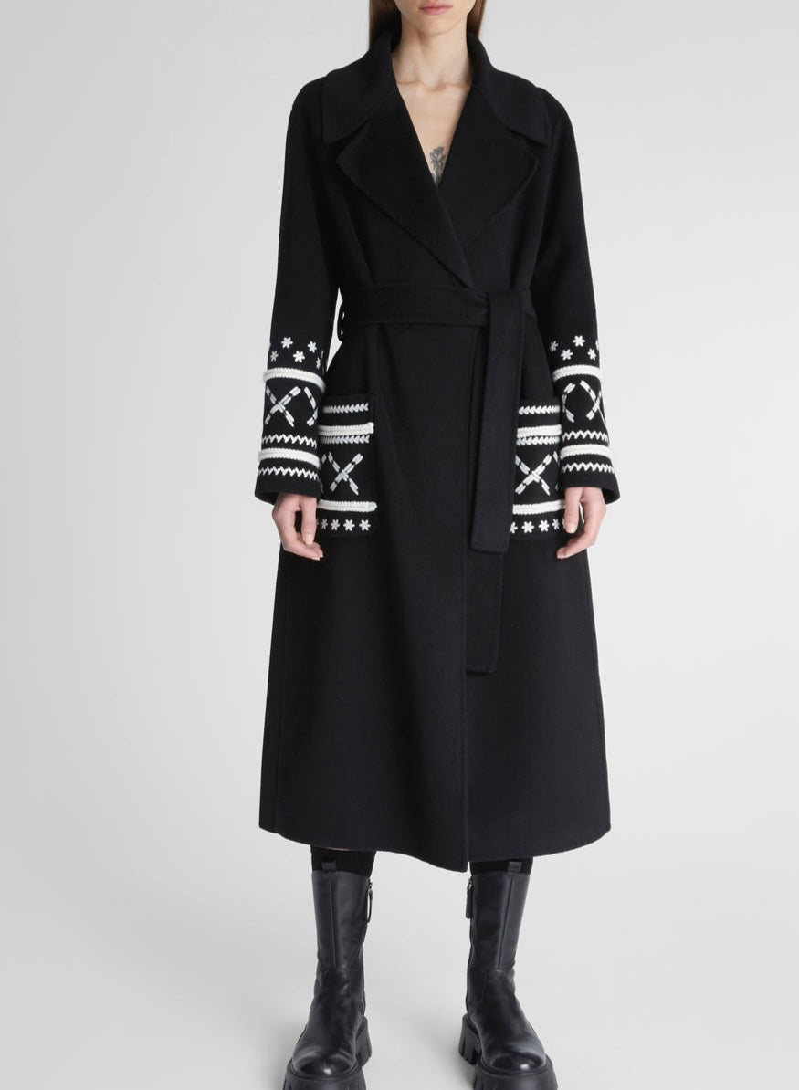 Cappotto lungo nero Ermanno Firenze by Scervino ricamato bianco