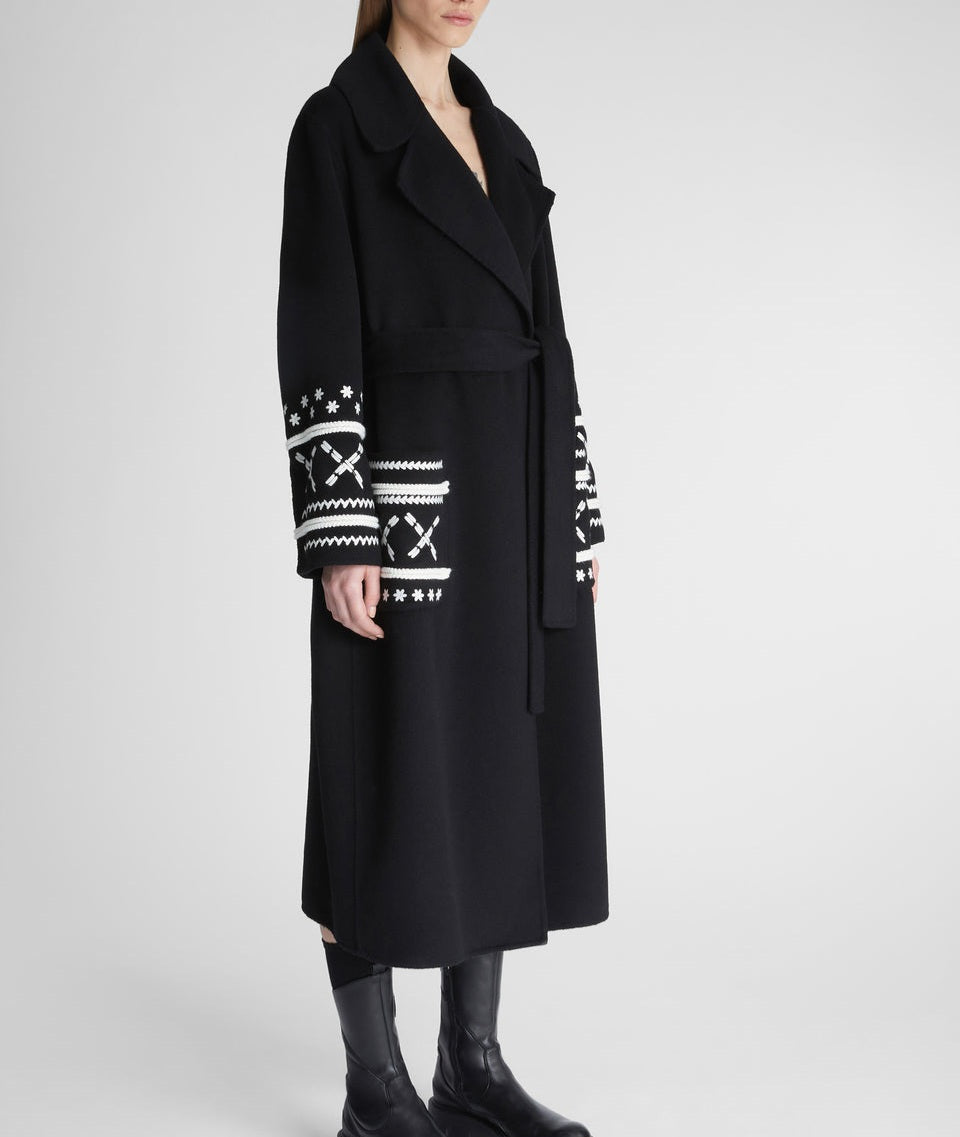 Cappotto lungo nero Ermanno Firenze by Scervino ricamato bianco