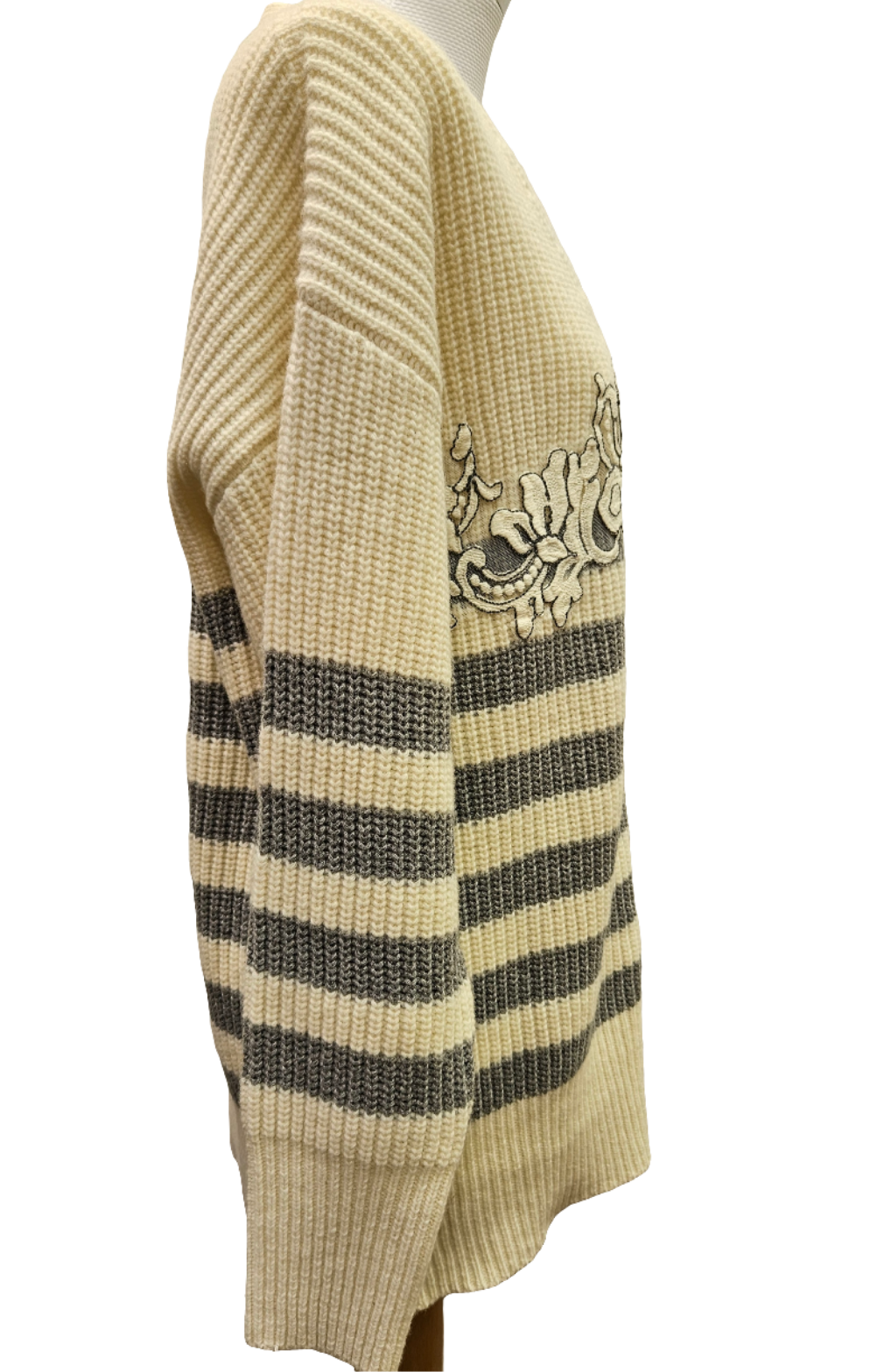 Cardigan Ermanno Firenze a righe panna e grigio lana ricamata