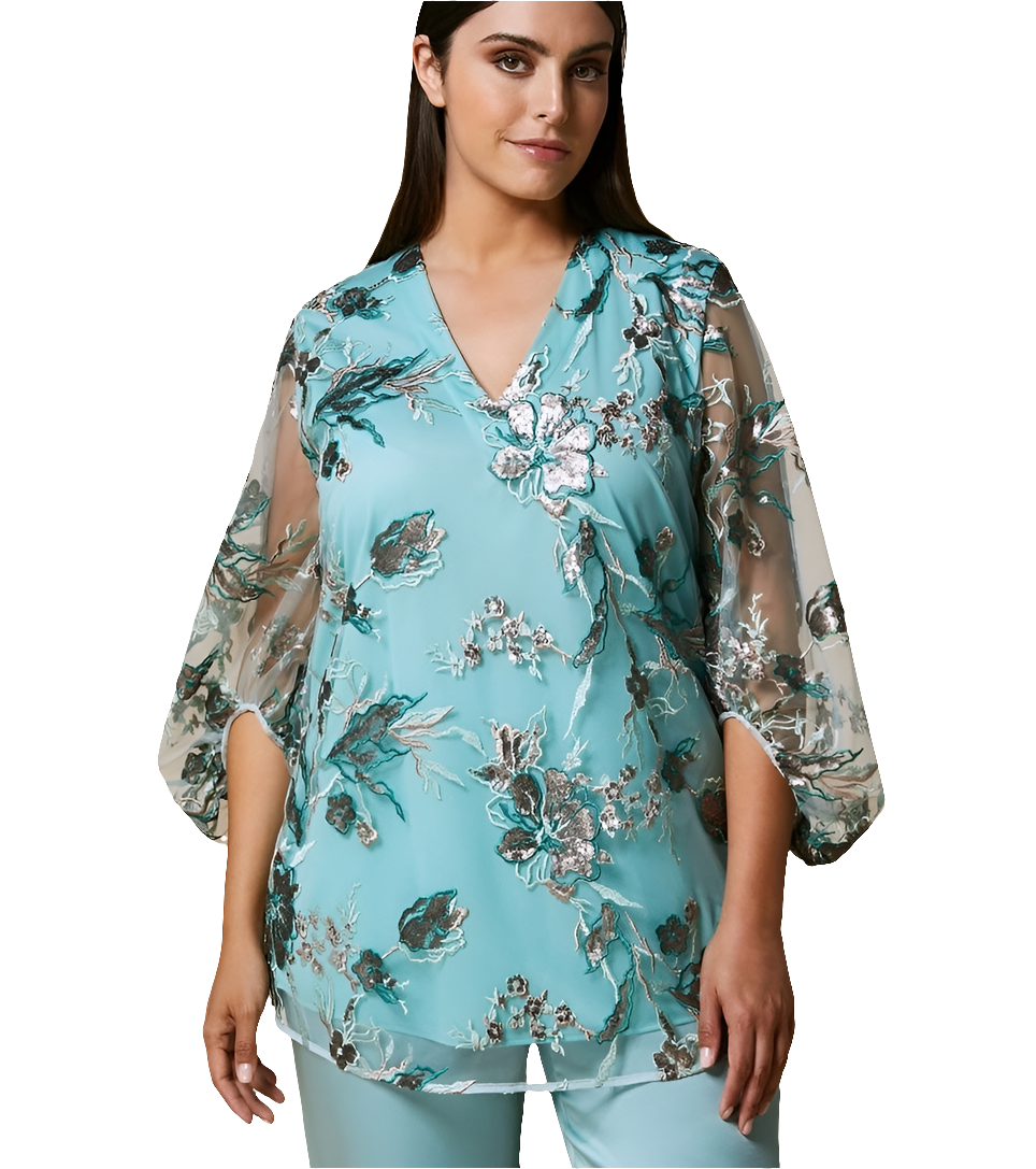 Casacca elegante Marina R tulle ricamato verdeacqua a V