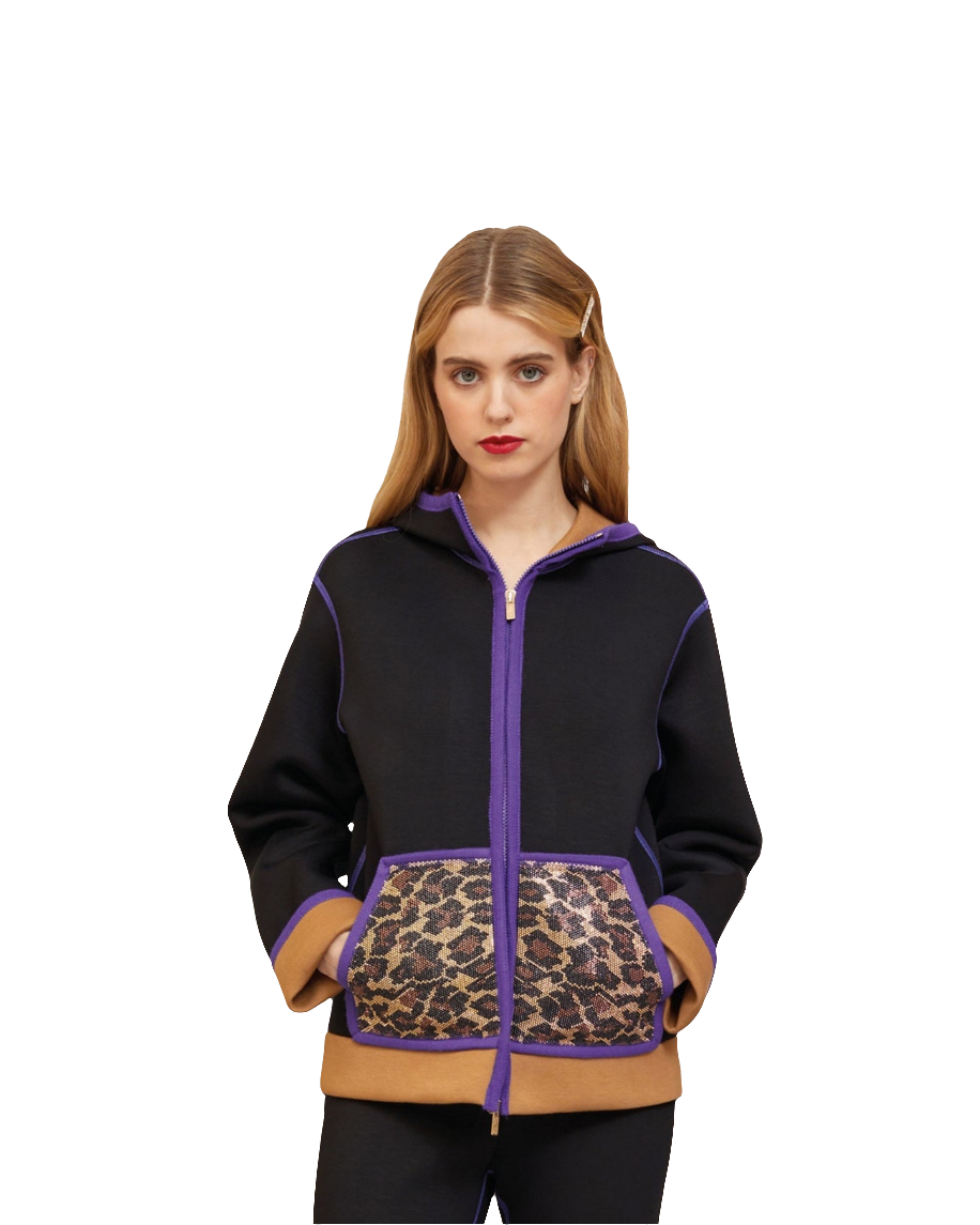 Giacca zip neoprene Clips nera e viola animalier