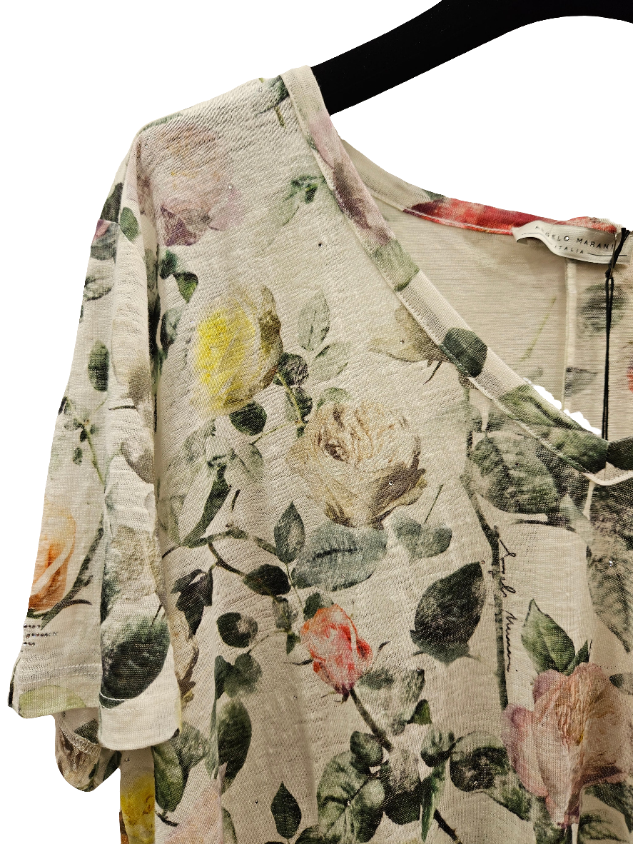 Maglia lino scollo a V Angelo Marani floreale