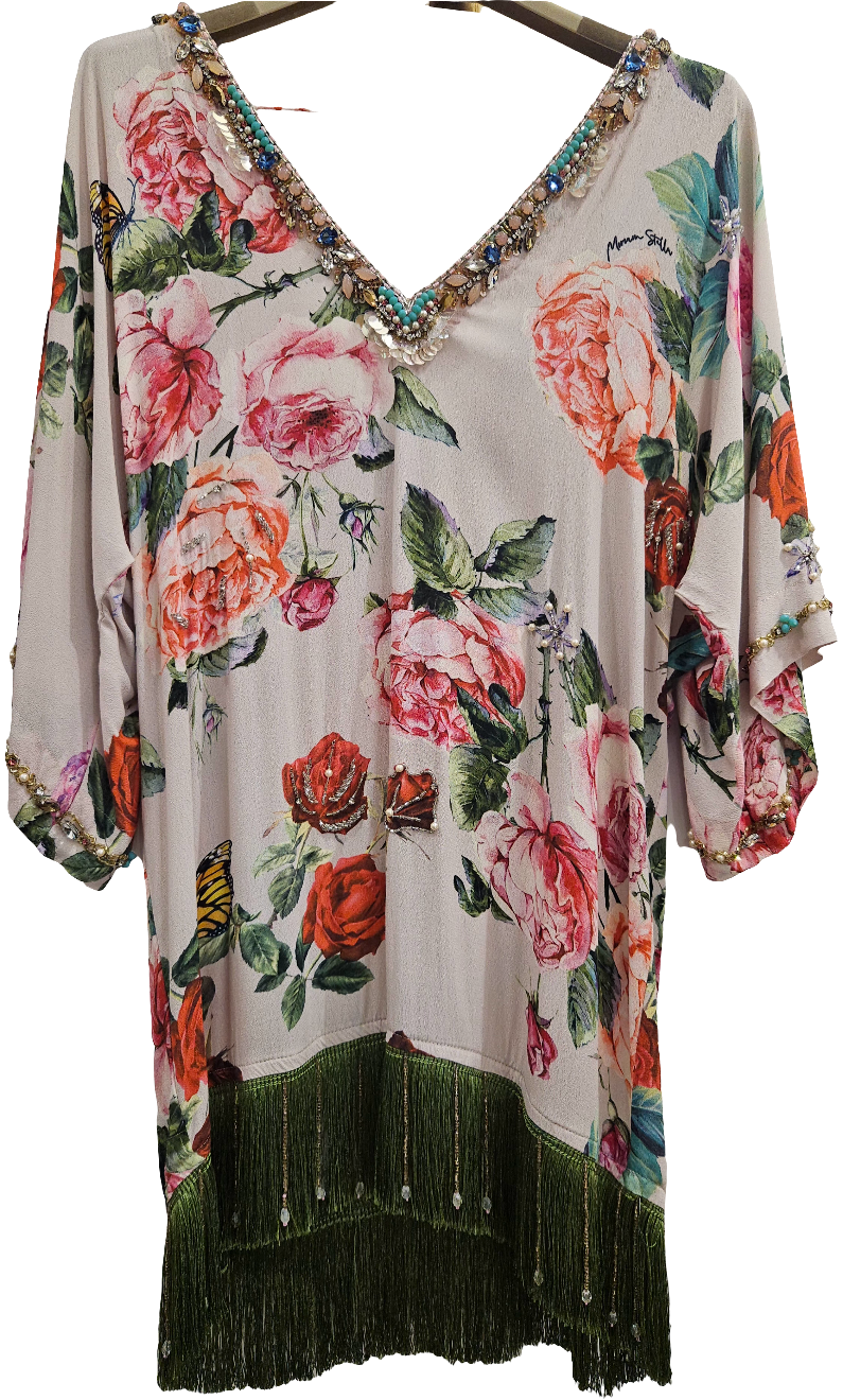 Casacca floreale ricamata con frange a V di Miriam Stella