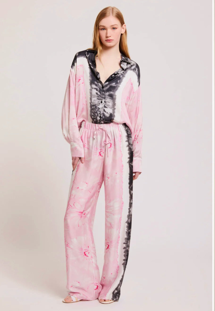 Pantalone elastico in viscosa
stampa floreale tie&dye rosa e grigia Ermanno Firenze Scervino