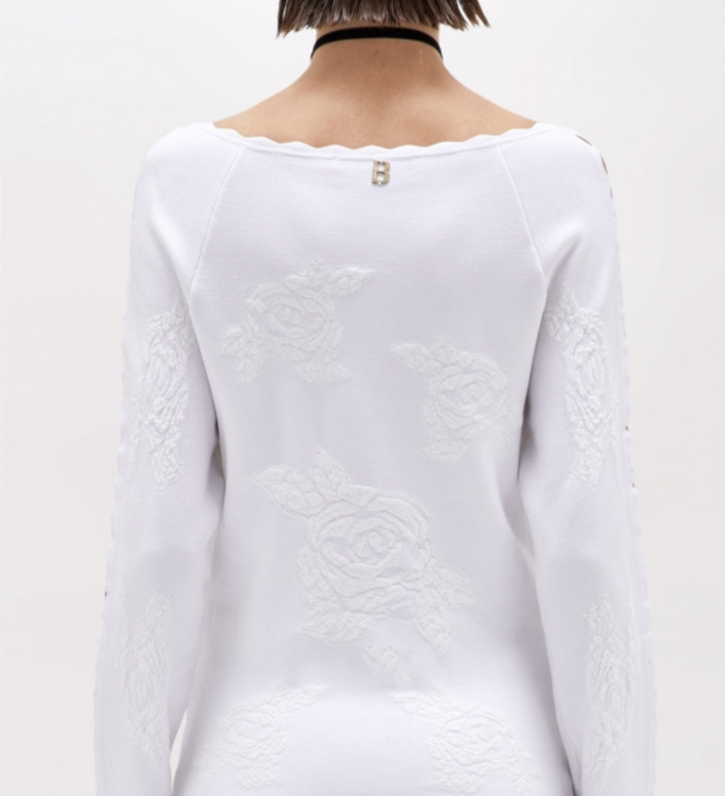 Maglia bianca stretch scollatura a barca Jacquard rose Blugirl