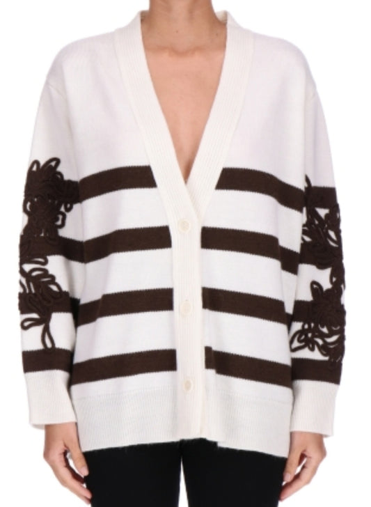 Cardigan bianco marrone righe ricamo Ermanno Firenze by Scervino