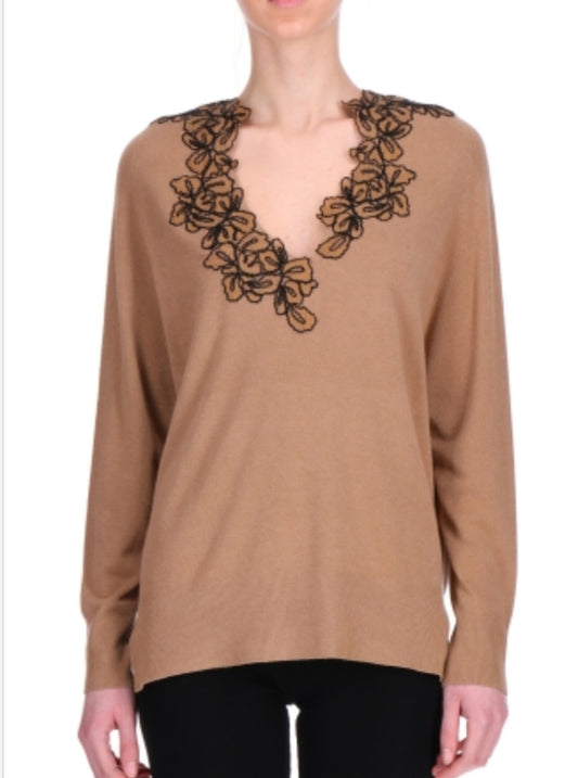 Maglia beige a V con pizzo floreale Ermanno Firenze by Scervino