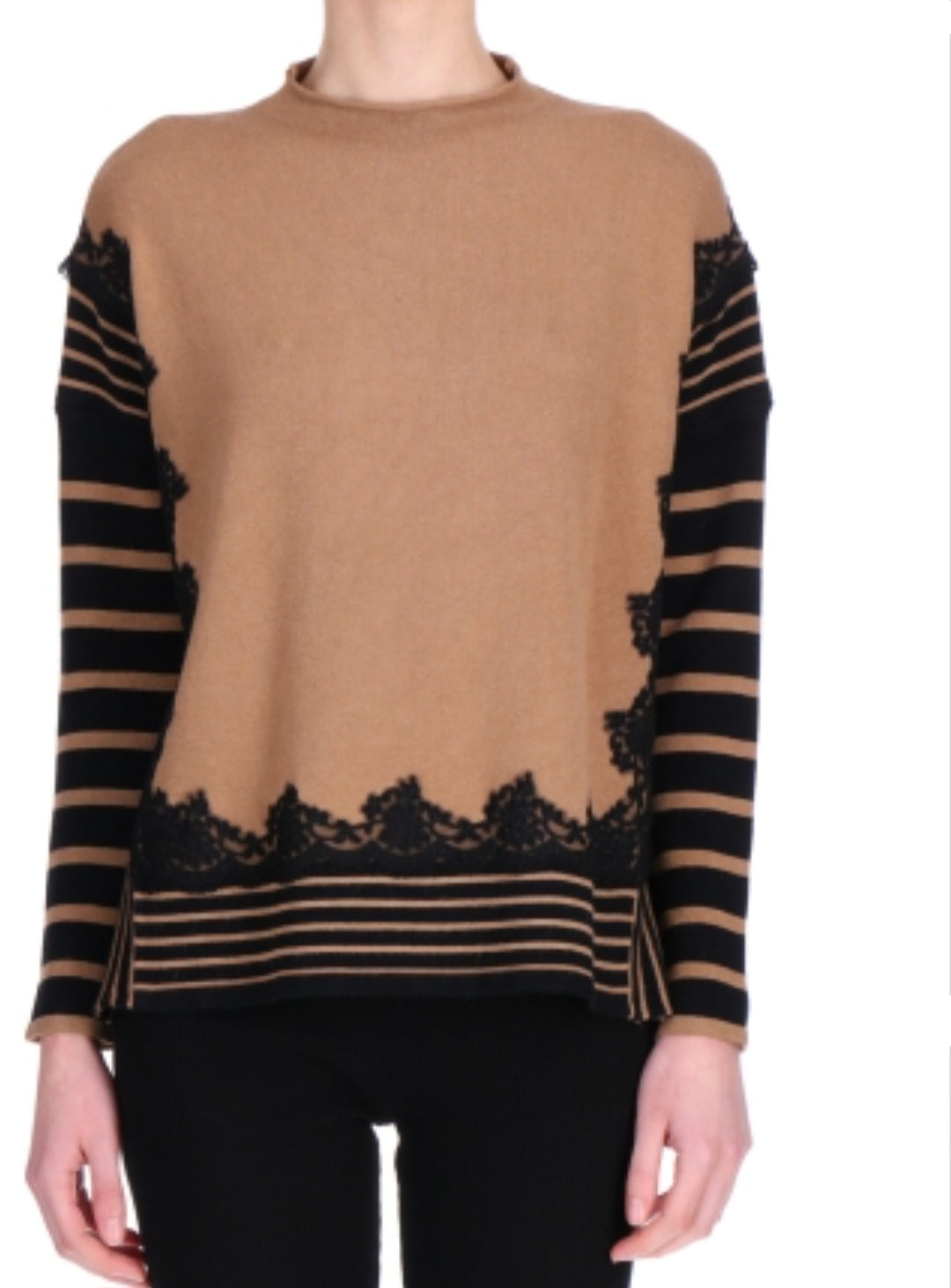 Maglia beige rigato nero Ermanno Firenze con applicazioni in pizzo
