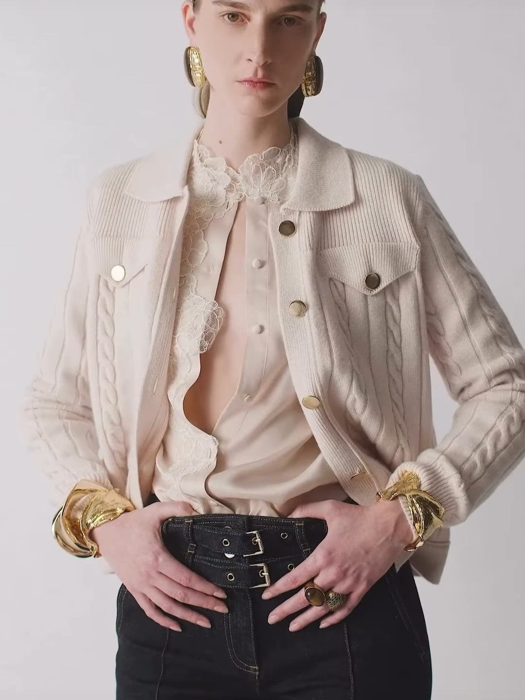 Giacca maglia lana Blugirl latte bottoni con trecce lana e cashmere