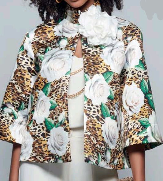 Giacca corta di raso maculata e fiori bianchi Mattiolo