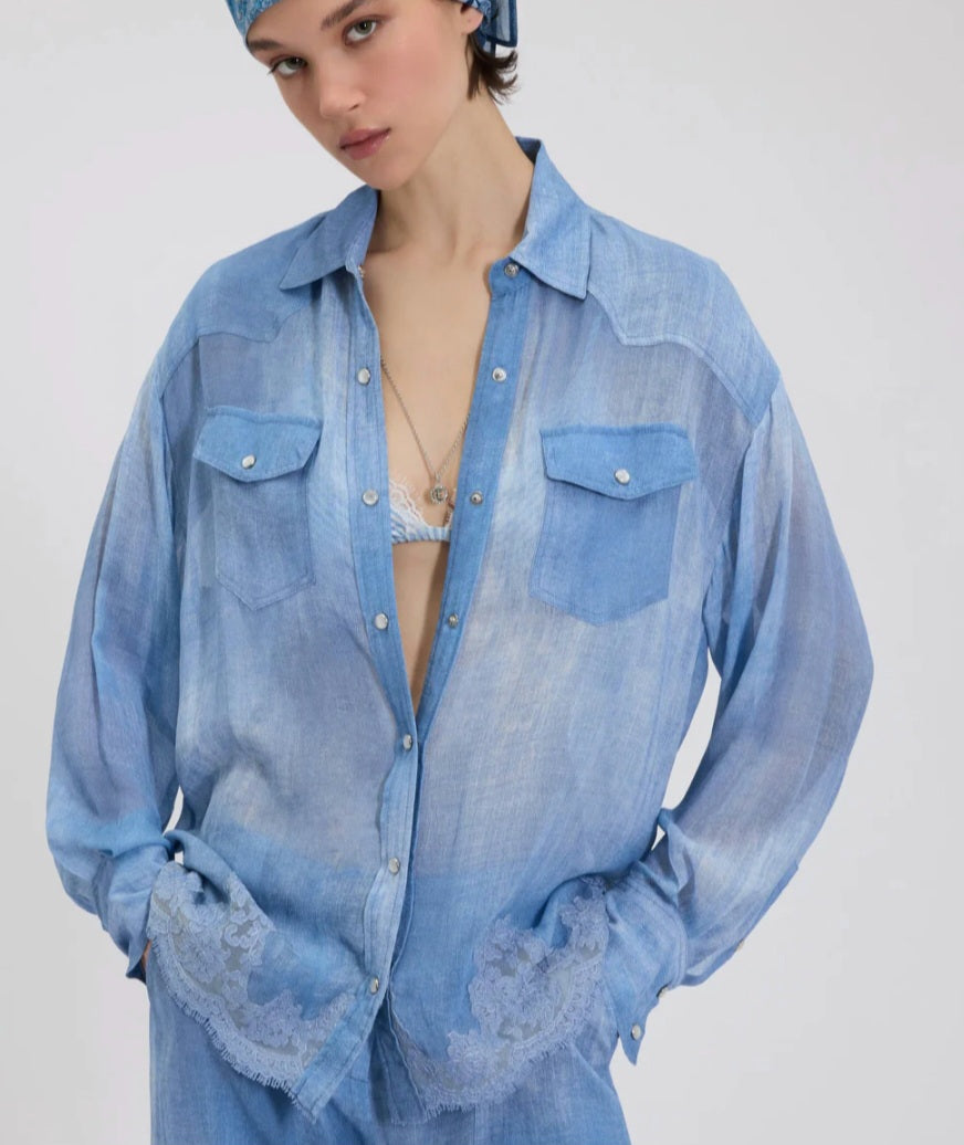 Camicia leggera con pizzo color jeans  con tasche Ermanno Firenze by Scervino