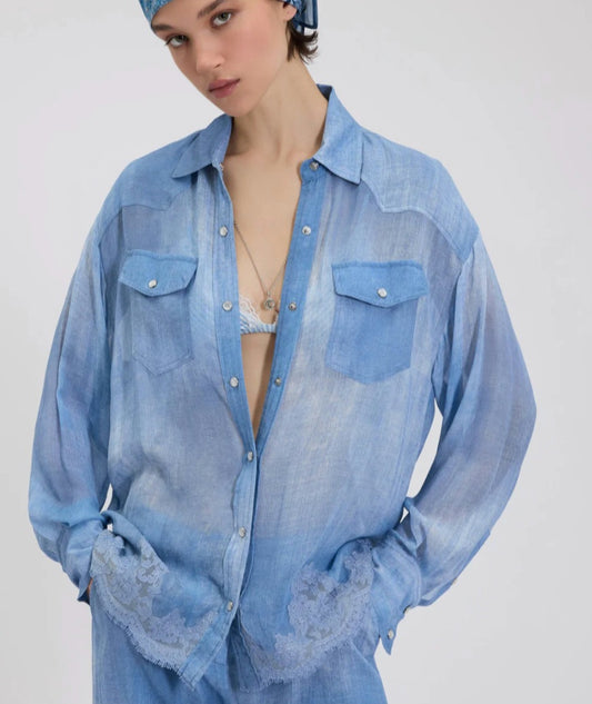 Camicia leggera con pizzo color jeans  con tasche Ermanno Firenze by Scervino