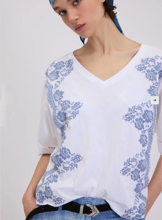 Casacca bianca a V con pizzo color jeans  Ermanno Firenze by Scervino