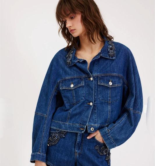 Giubbino di jeans denim ricamato con tasche Ermanno Firenze by Scervino