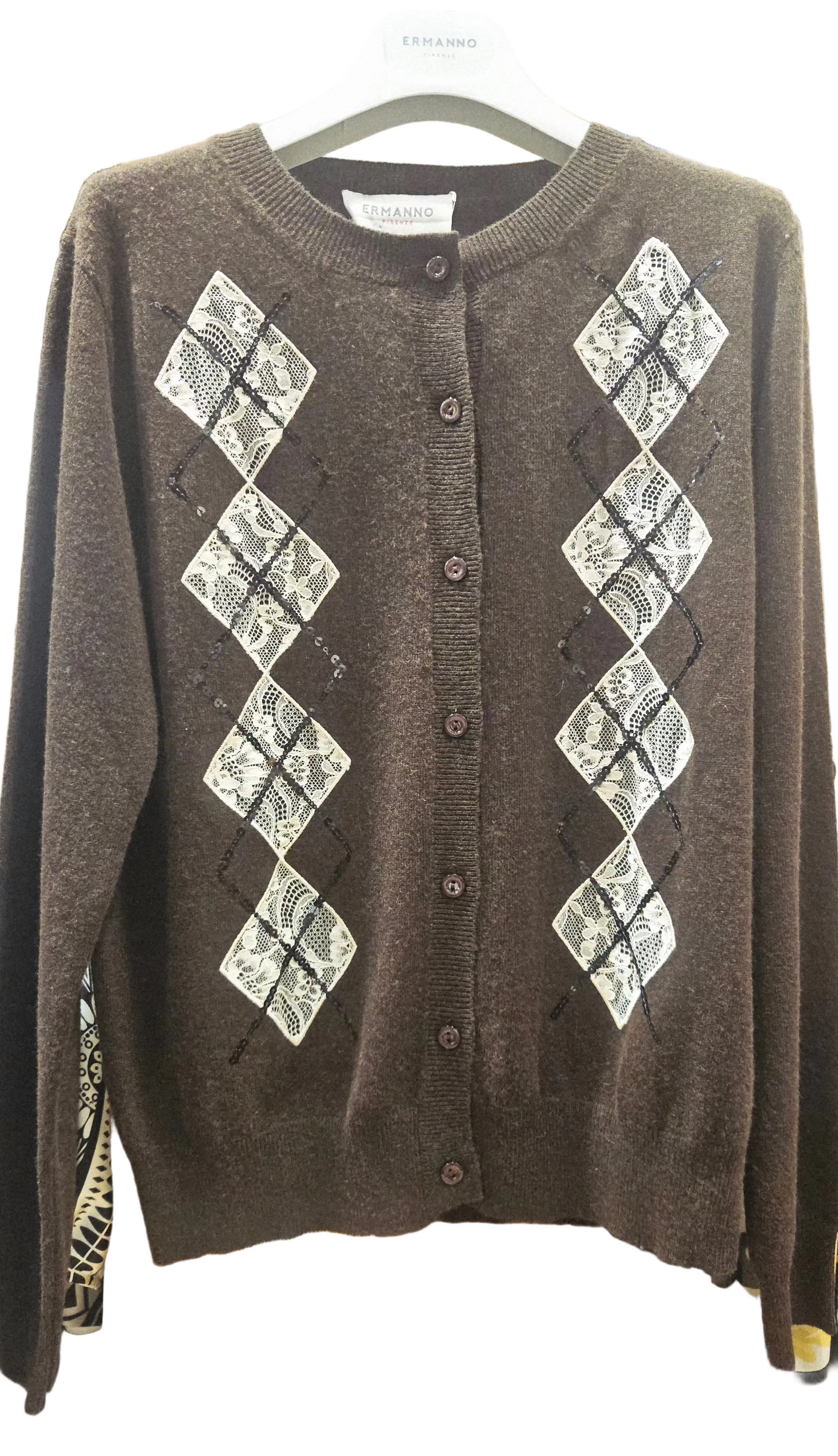 Cardigan corto di Ermanno Firenze by Scervino marrone lana, viscosa e cashmere con rombi pizzo e paillettes
