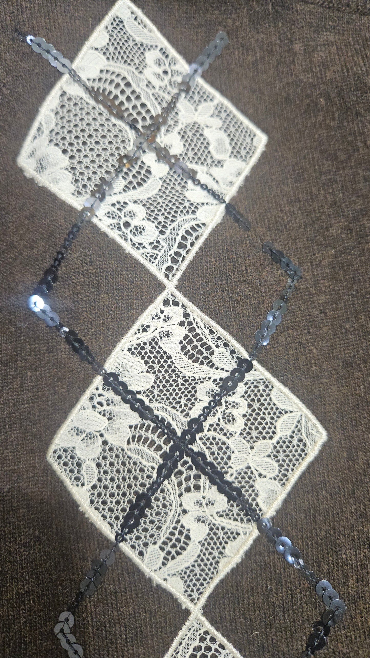 Cardigan corto di Ermanno Firenze by Scervino marrone lana, viscosa e cashmere con rombi pizzo e paillettes