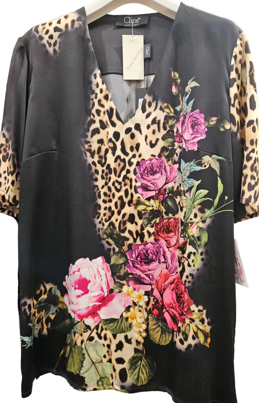 Casacca a V Clips  maculata e fiori seta