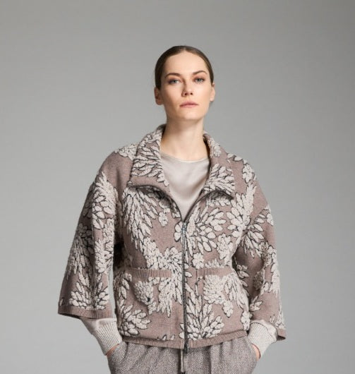 Cardigan zip jaquard foglie tortora e fango Tricot Chic