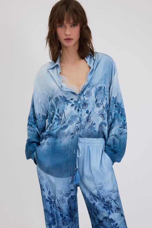 Camicia raso stampa floreale  denim sfumata