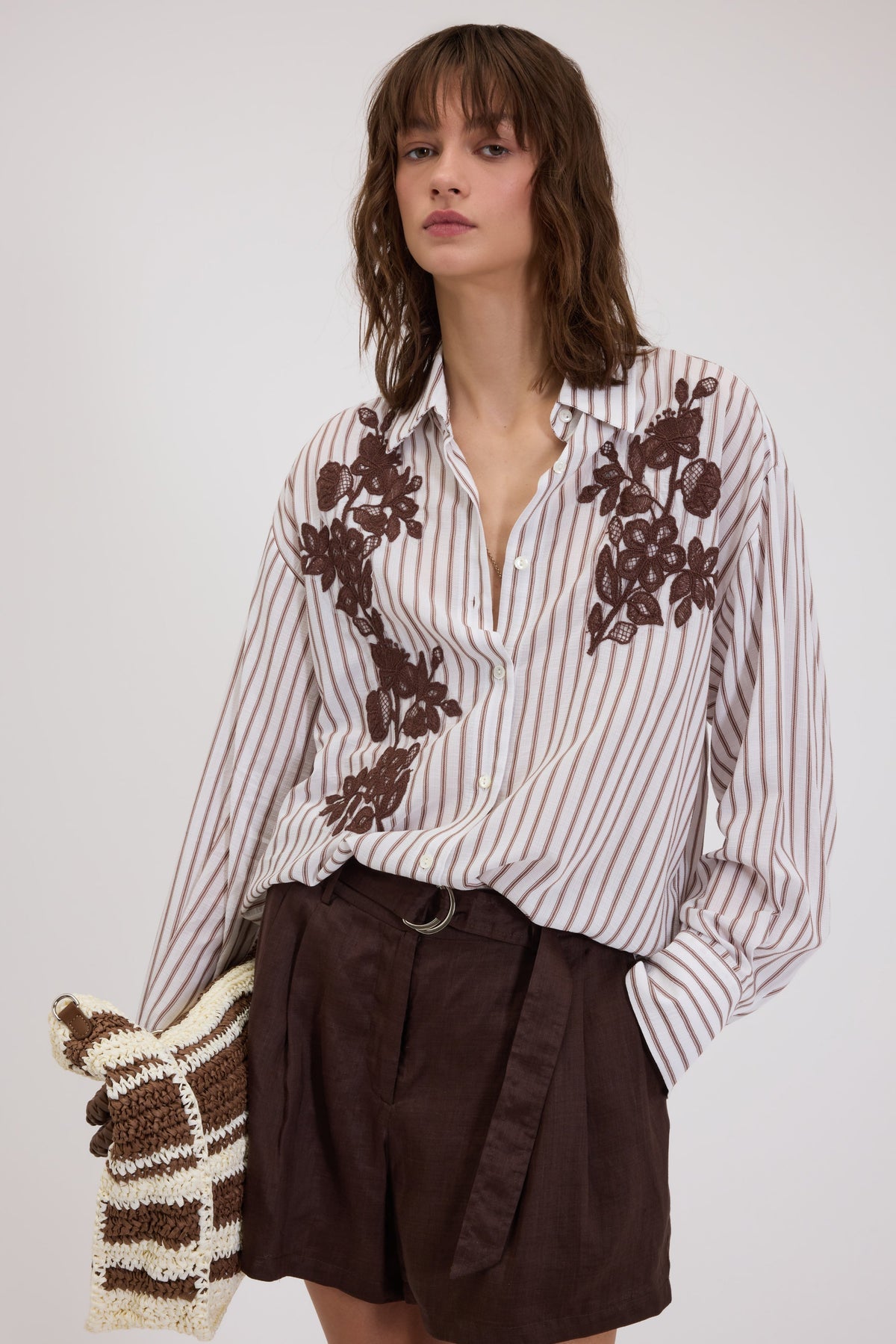 Camicia a righe Ermanno Ermanno ricamo marrone