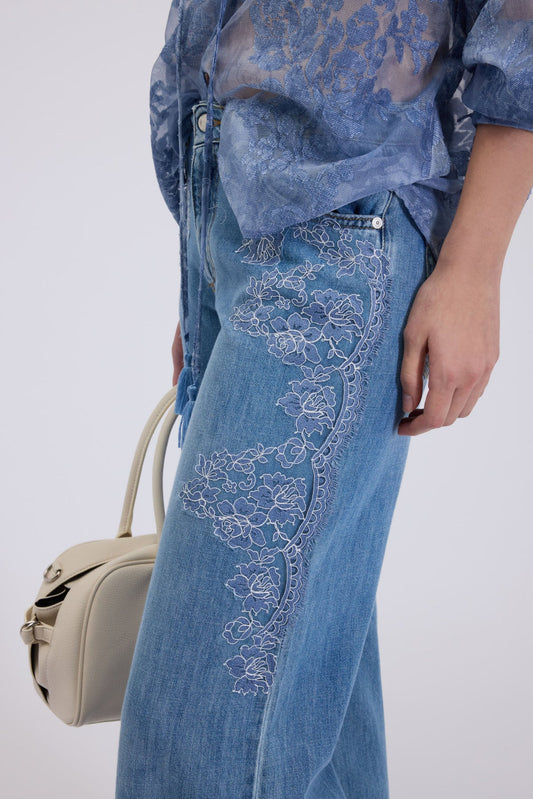 Jeans denim morbido pizzo tono su tono al fianco Ermanno Firenze by Scervino