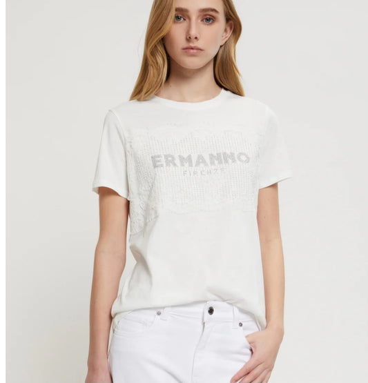 T-Shirt bianca manica corta Ermanno F Scervino pizzo bianco logo griftato Cotone