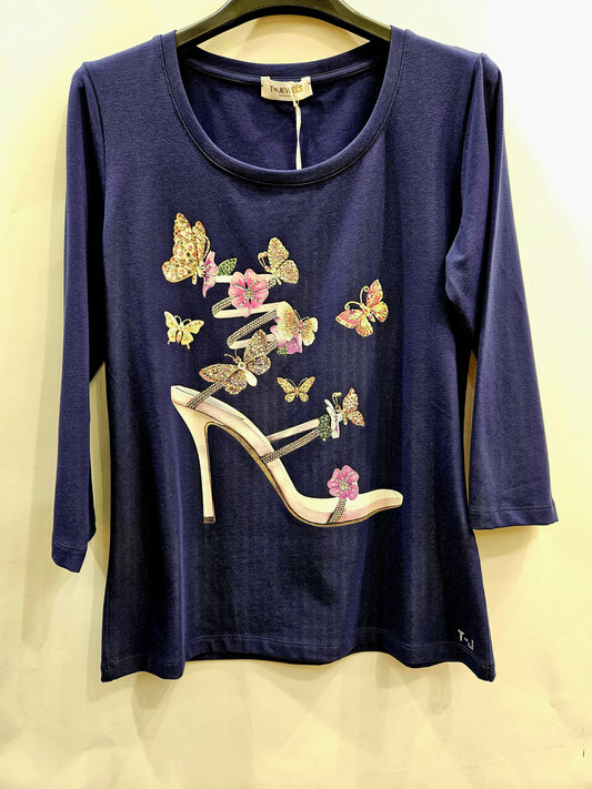 Tshirt farfalle manica 3/4 blu cotone